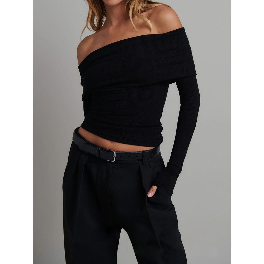 Commense Elegant Black Off-Shoulder Long Sleeve Crop Top size XS